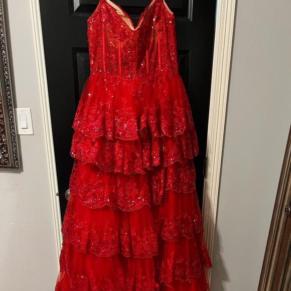 Off Shoulder, Sheer Corset Bodice, Sequin Lace, V-Back, High Slit, Court Train - Picture 2 of 6